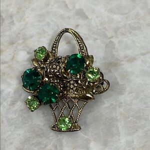 Elegant Gold and Green Floral Basket Brooch
